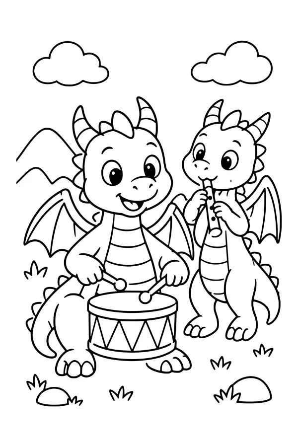 Coloring page of a dragon playing a simple drum while another dragon holds a flute