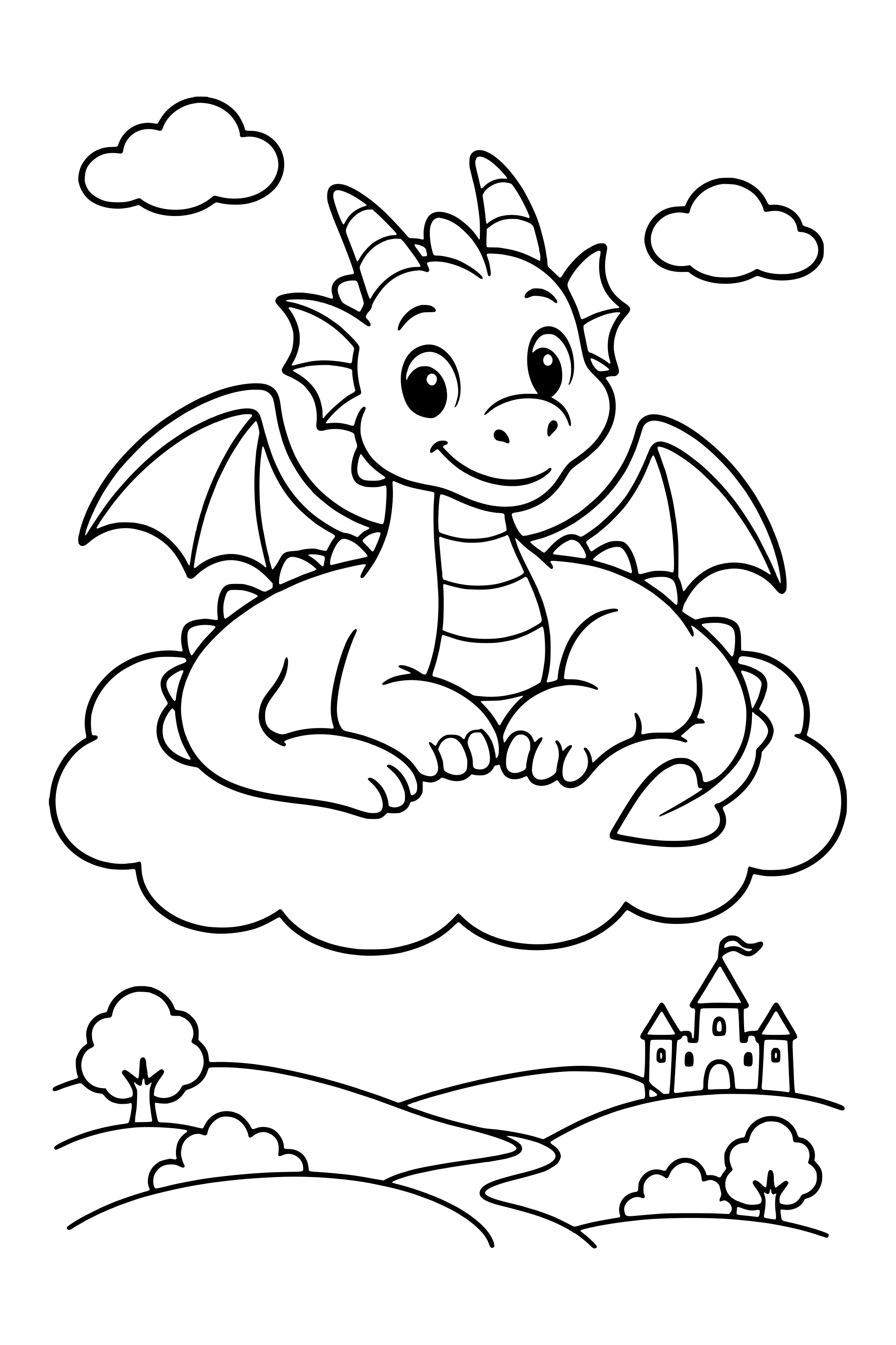 Coloring page of a friendly dragon resting on a broad cloud above rolling hills