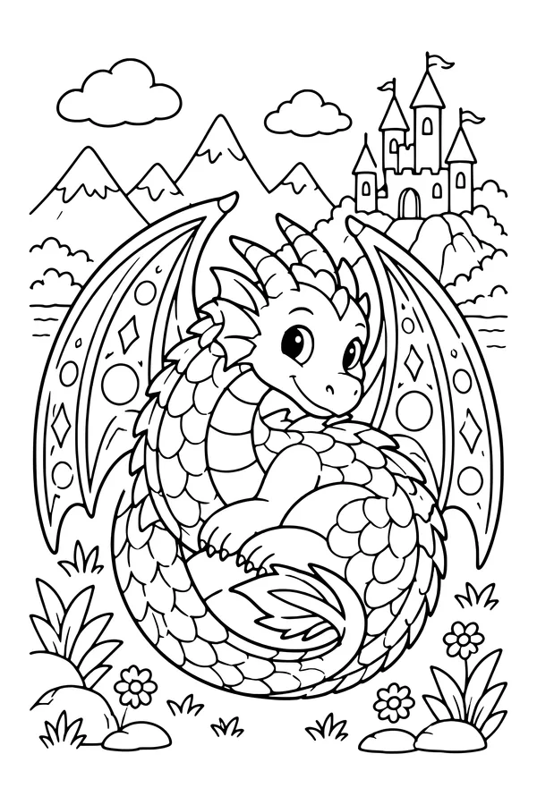 Coloring page of a decorative friendly dragon curled into a circle with broad patterned wings and large scales