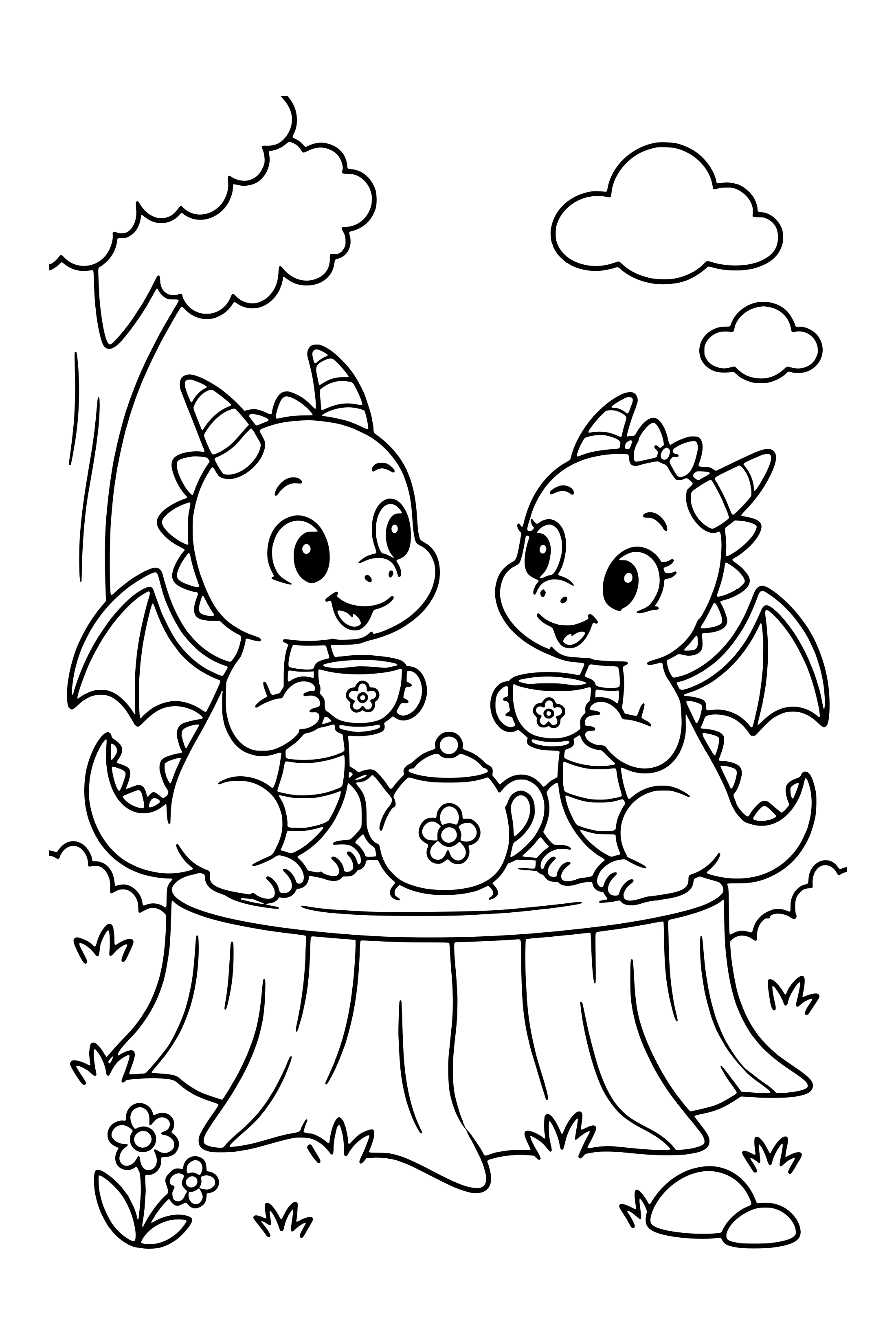 Coloring page of two small dragons sharing a teapot and cups on a tree stump