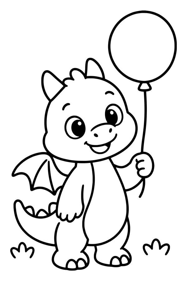 Coloring page of a friendly small dragon holding a round balloon by its string