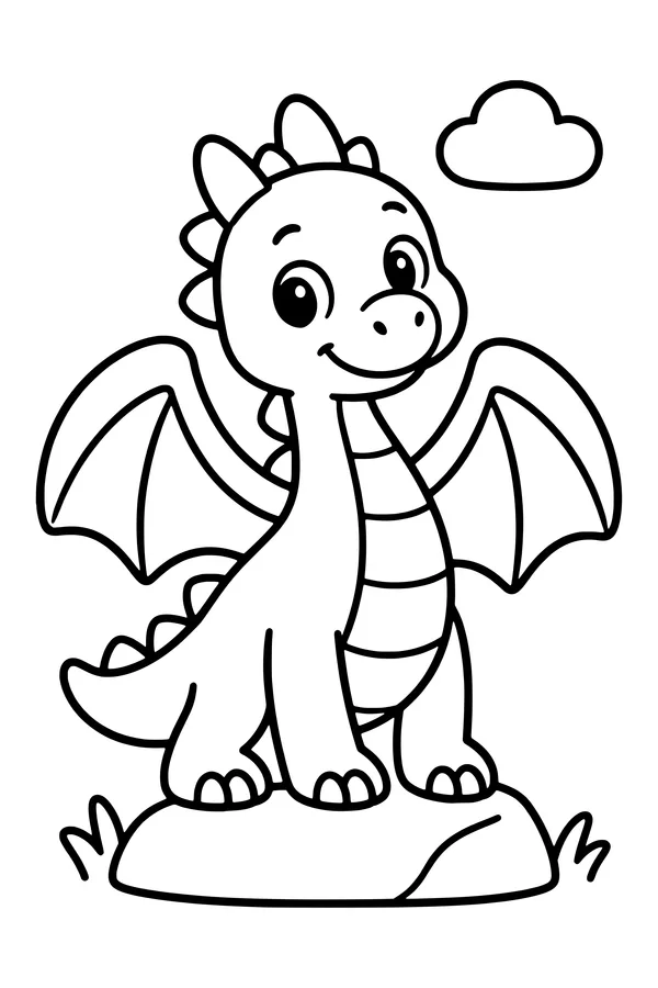 Coloring page of a friendly dragon with broad rounded wings standing on a small rock
