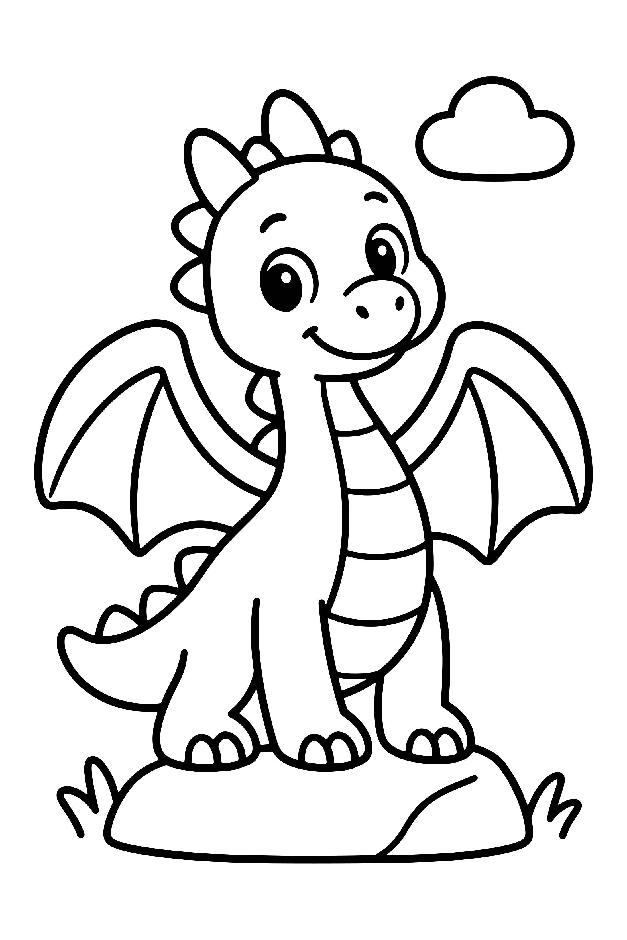 Coloring page of a friendly dragon with broad rounded wings standing on a small rock