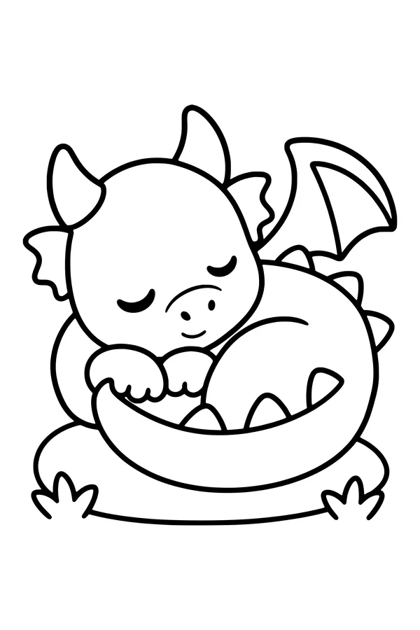Coloring page of a small dragon curled up asleep with its tail around its body