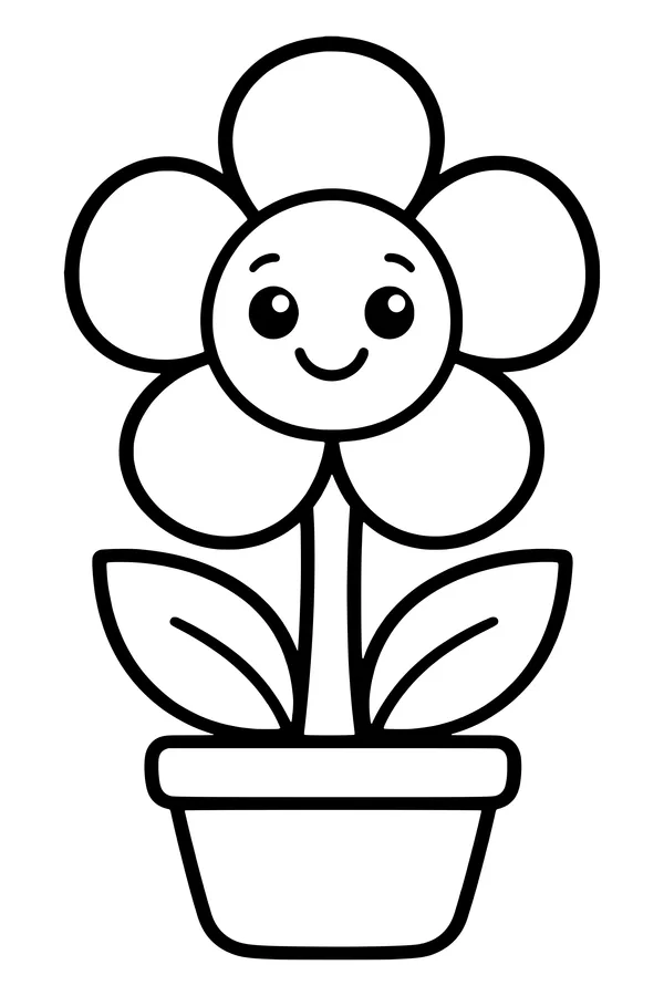 Easy coloring page of one big flower with round petals in a flower pot