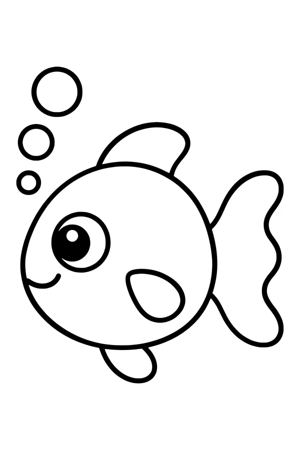 Easy coloring page of one big cute fish with three bubbles