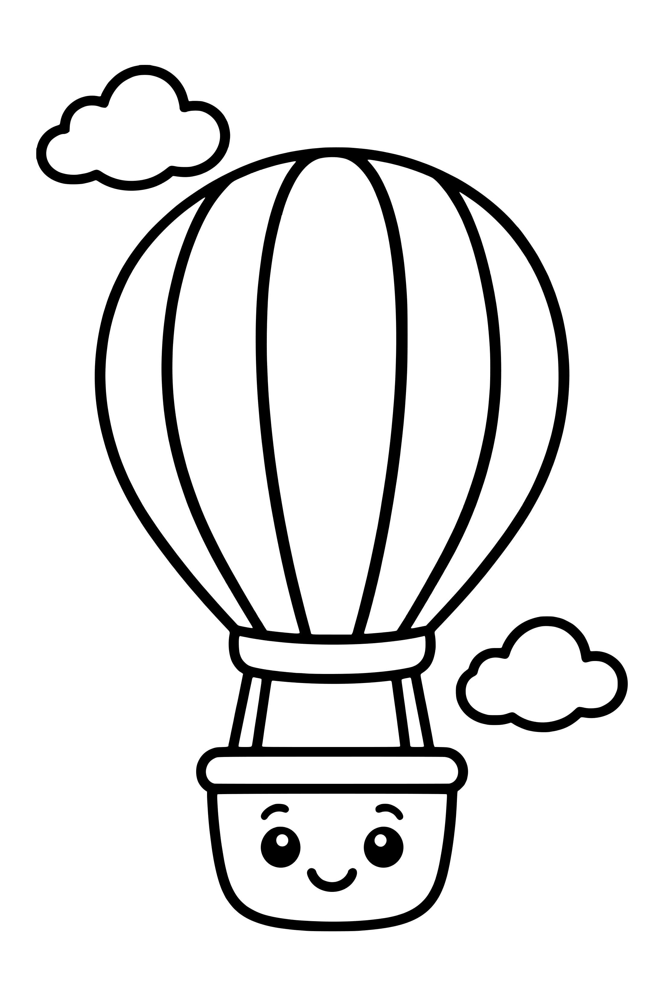 Easy coloring page of a striped hot air balloon with a smiling basket and two clouds
