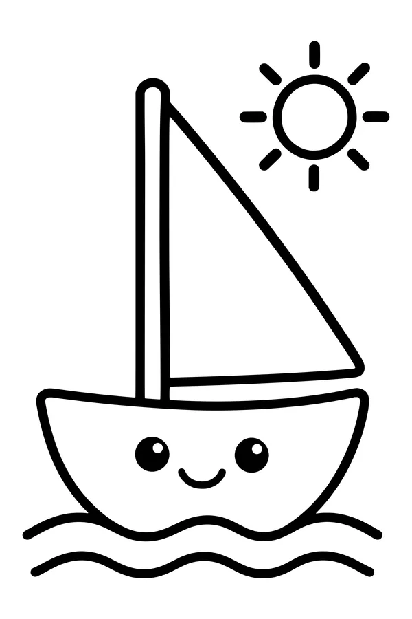 Easy coloring page of a simple sailboat on gentle waves