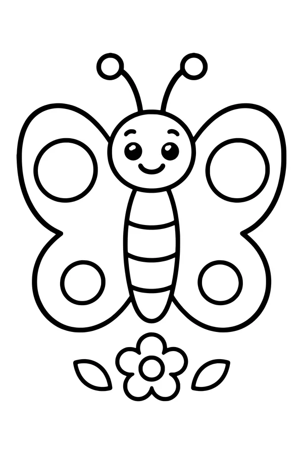 Easy coloring page of a smiling butterfly with big wings and round spots