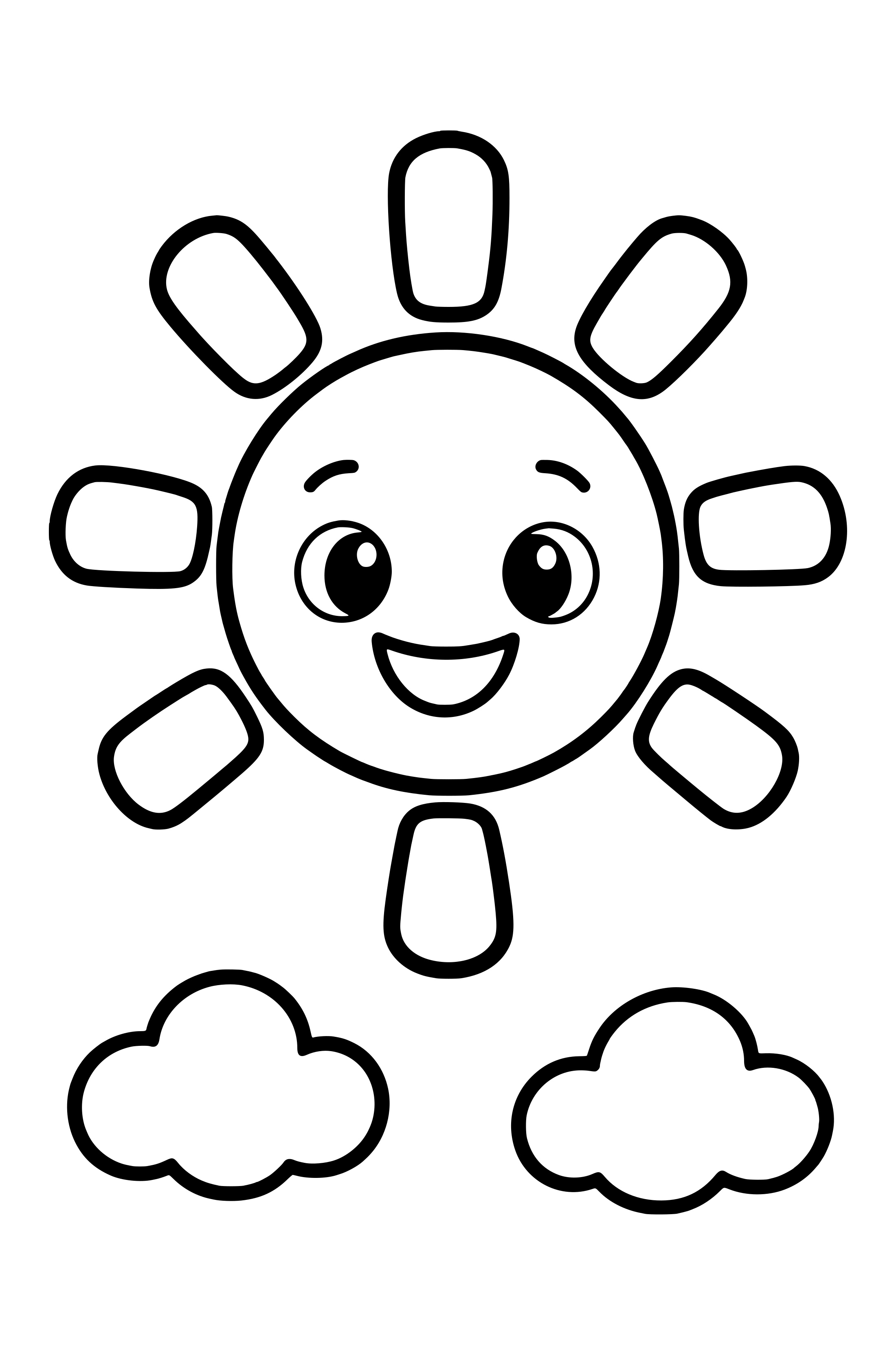 Easy coloring page of a big smiling sun with thick rays above two small clouds