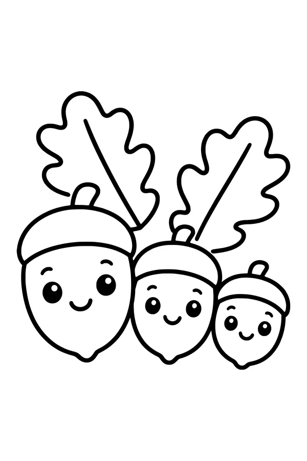 Coloring page of three smiling acorns with little caps standing in a row with oak leaves
