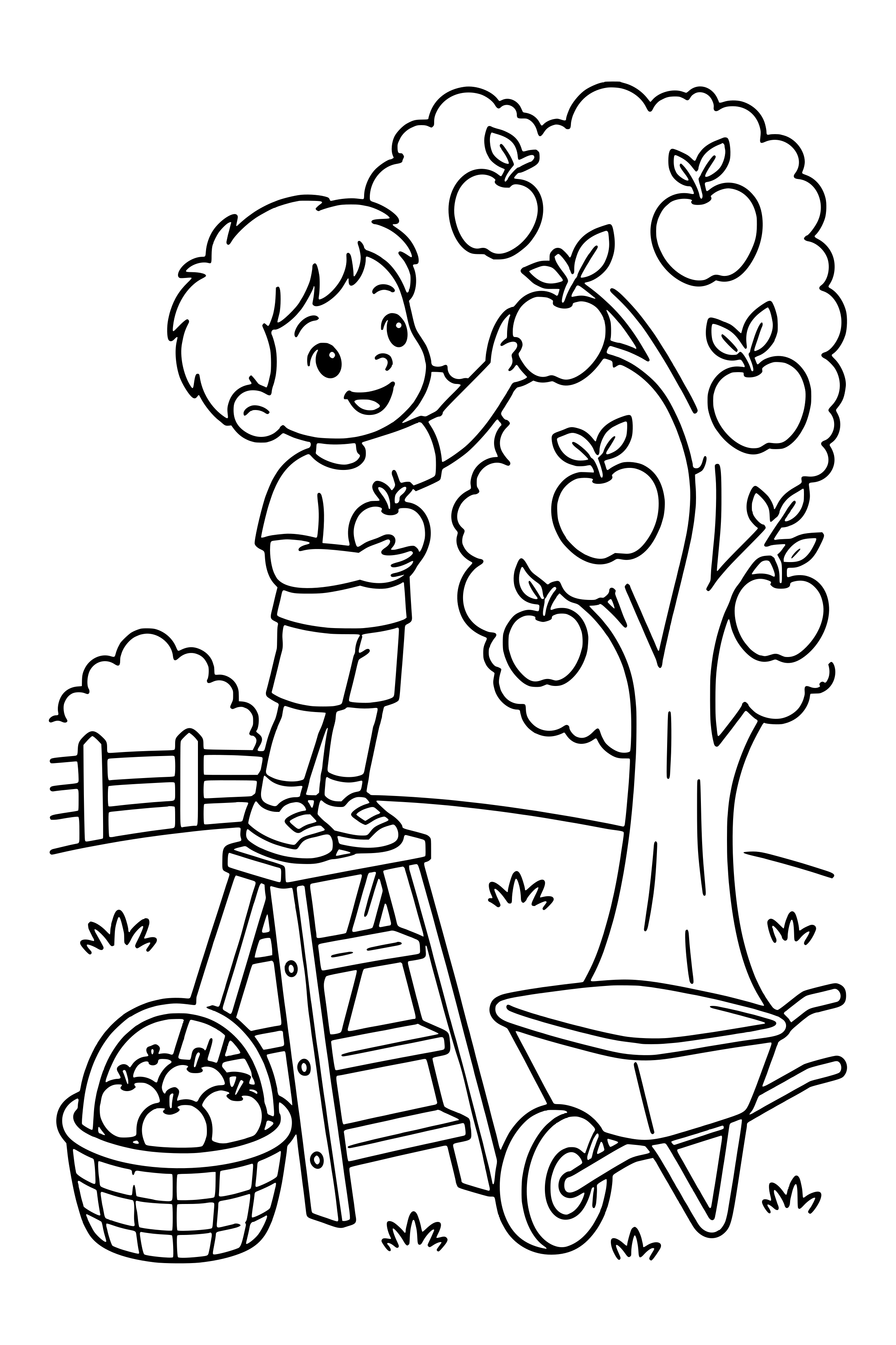 Coloring page of a child on a ladder picking apples with a full basket below