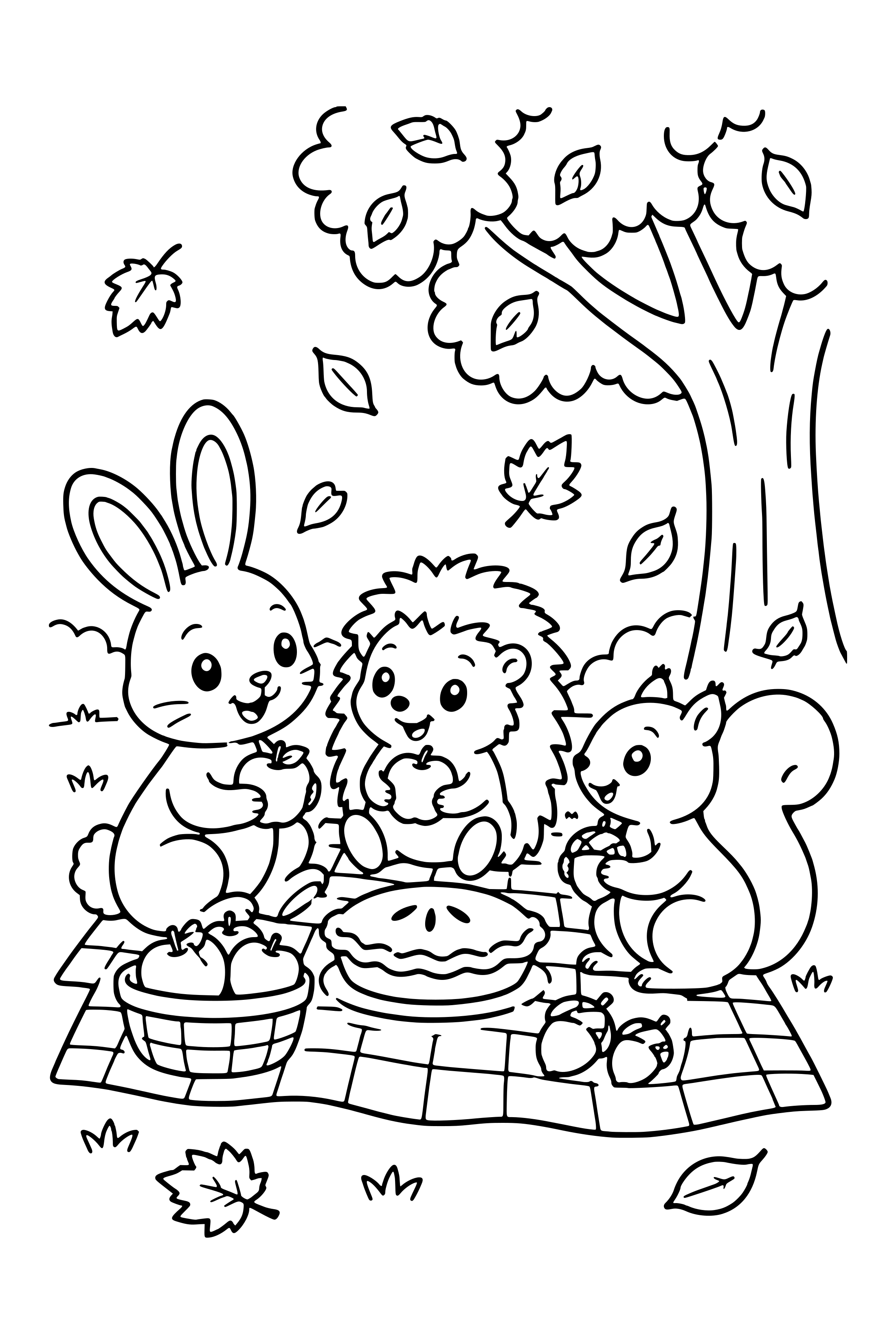 Coloring page of a bunny, a hedgehog and a squirrel having a picnic under an autumn tree