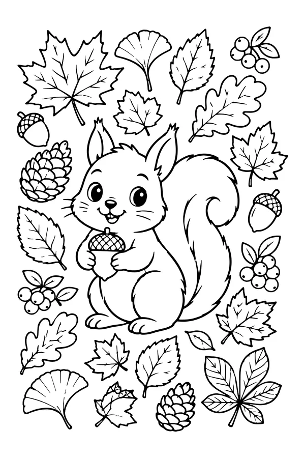 Coloring page of a squirrel holding an acorn, surrounded by many kinds of autumn leaves, acorns, pinecones and berries