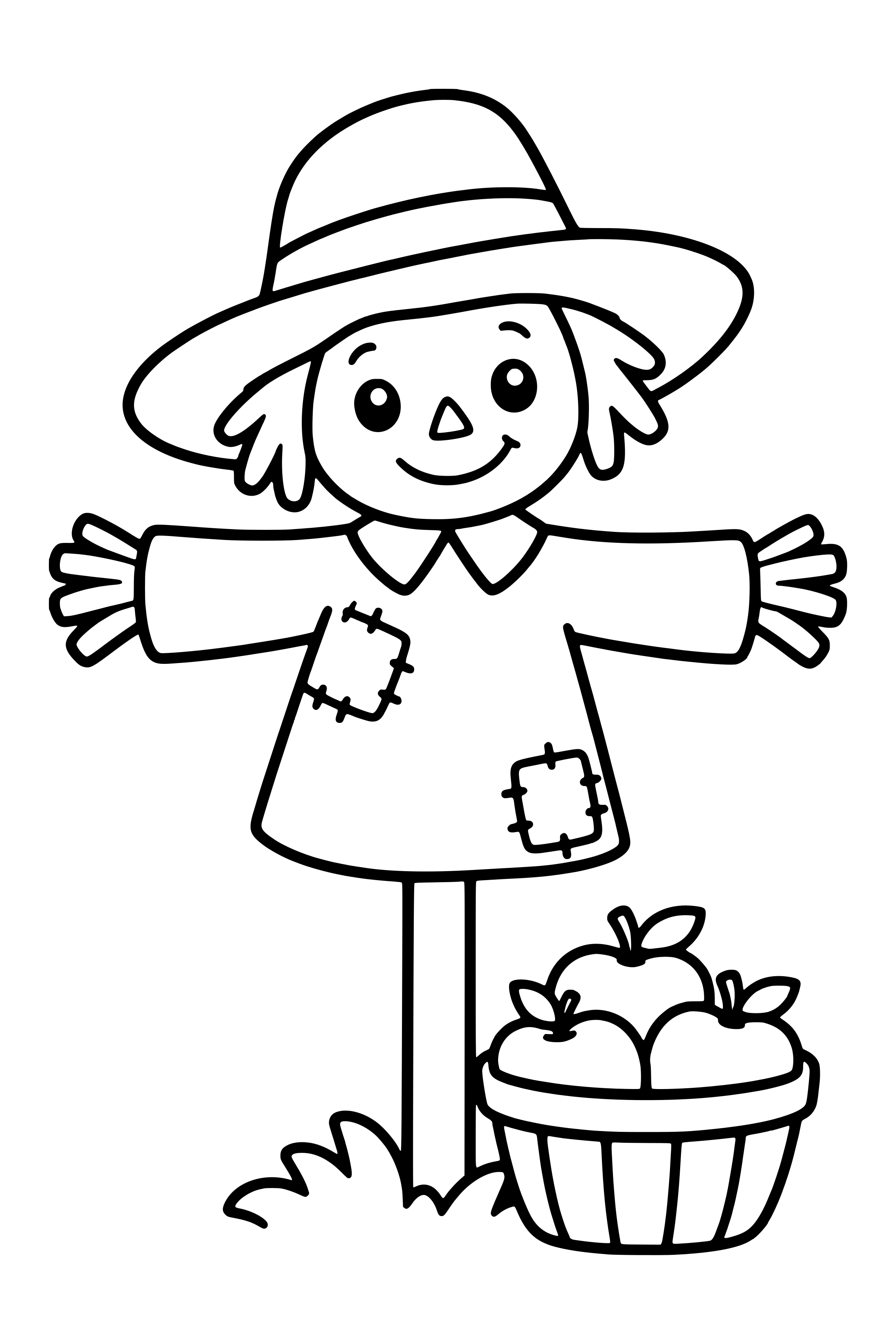 Coloring page of a simple smiling scarecrow with its arms out and a basket of apples