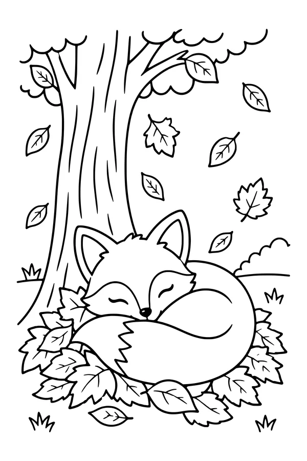 Coloring page of a fox curled up asleep in a pile of autumn leaves under a tree