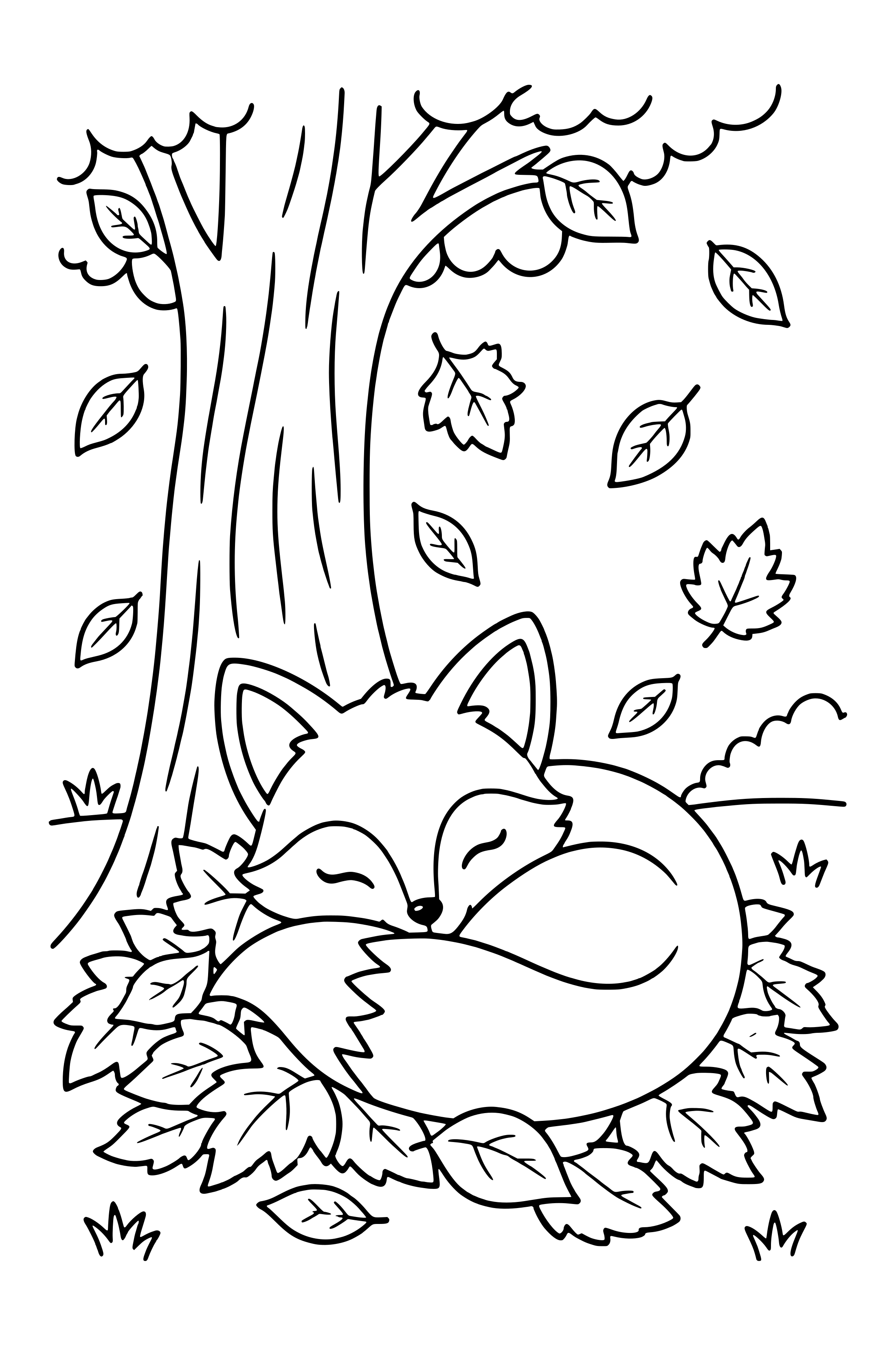 Coloring page of a fox curled up asleep in a pile of autumn leaves under a tree