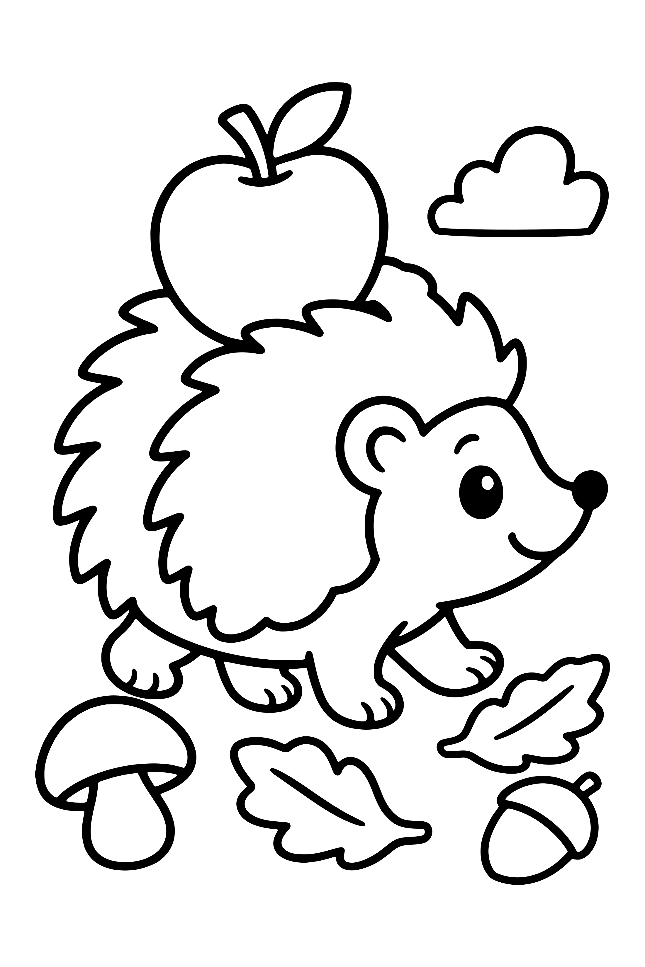 Coloring page of a cute hedgehog carrying an apple on its back through fallen leaves