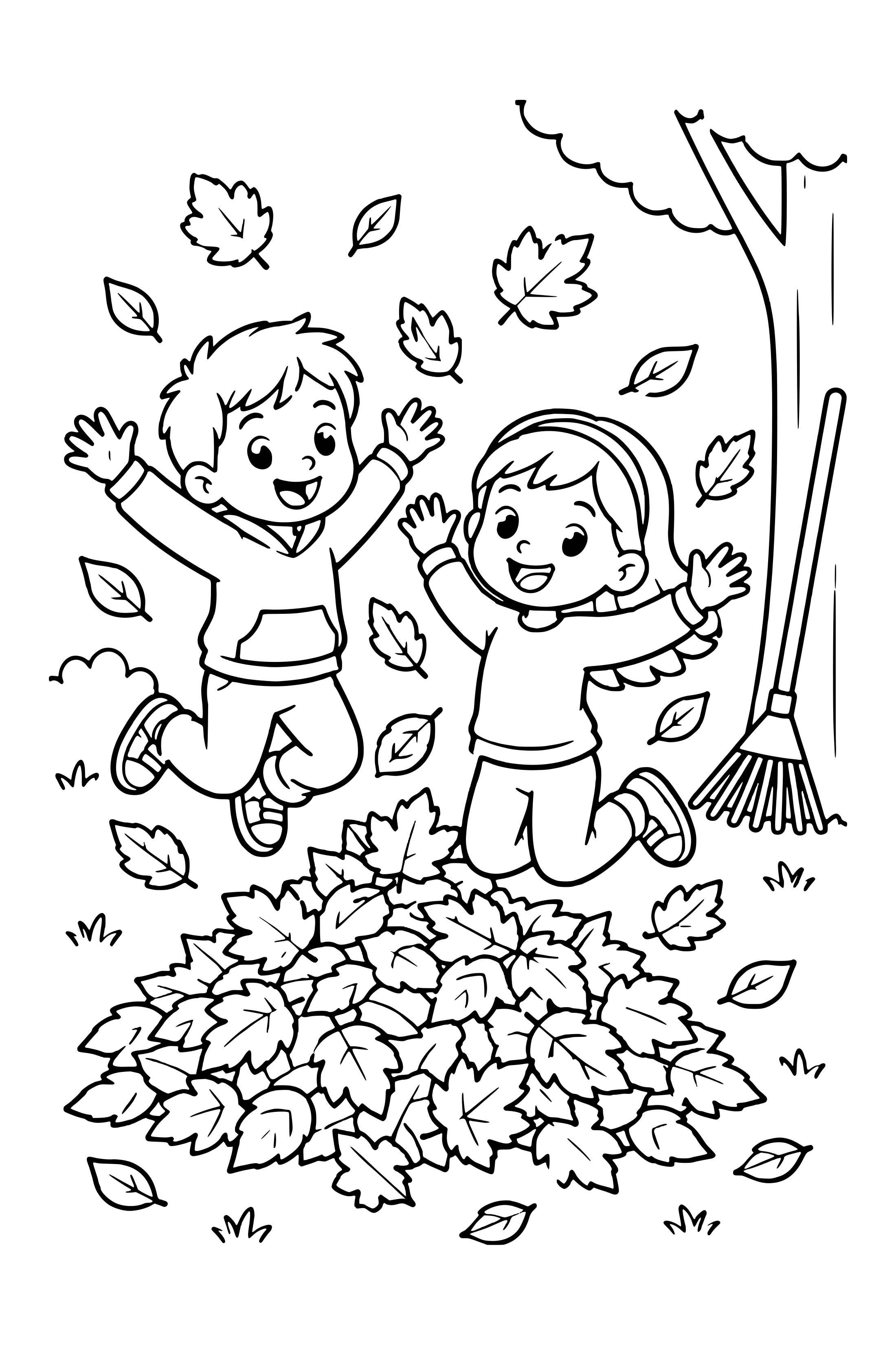 Coloring page of two children jumping into a big pile of autumn leaves