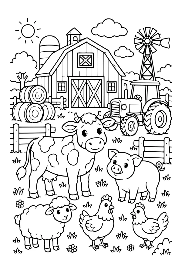 Coloring page of a barnyard with a barn, tractor, cow, pig, sheep and chickens
