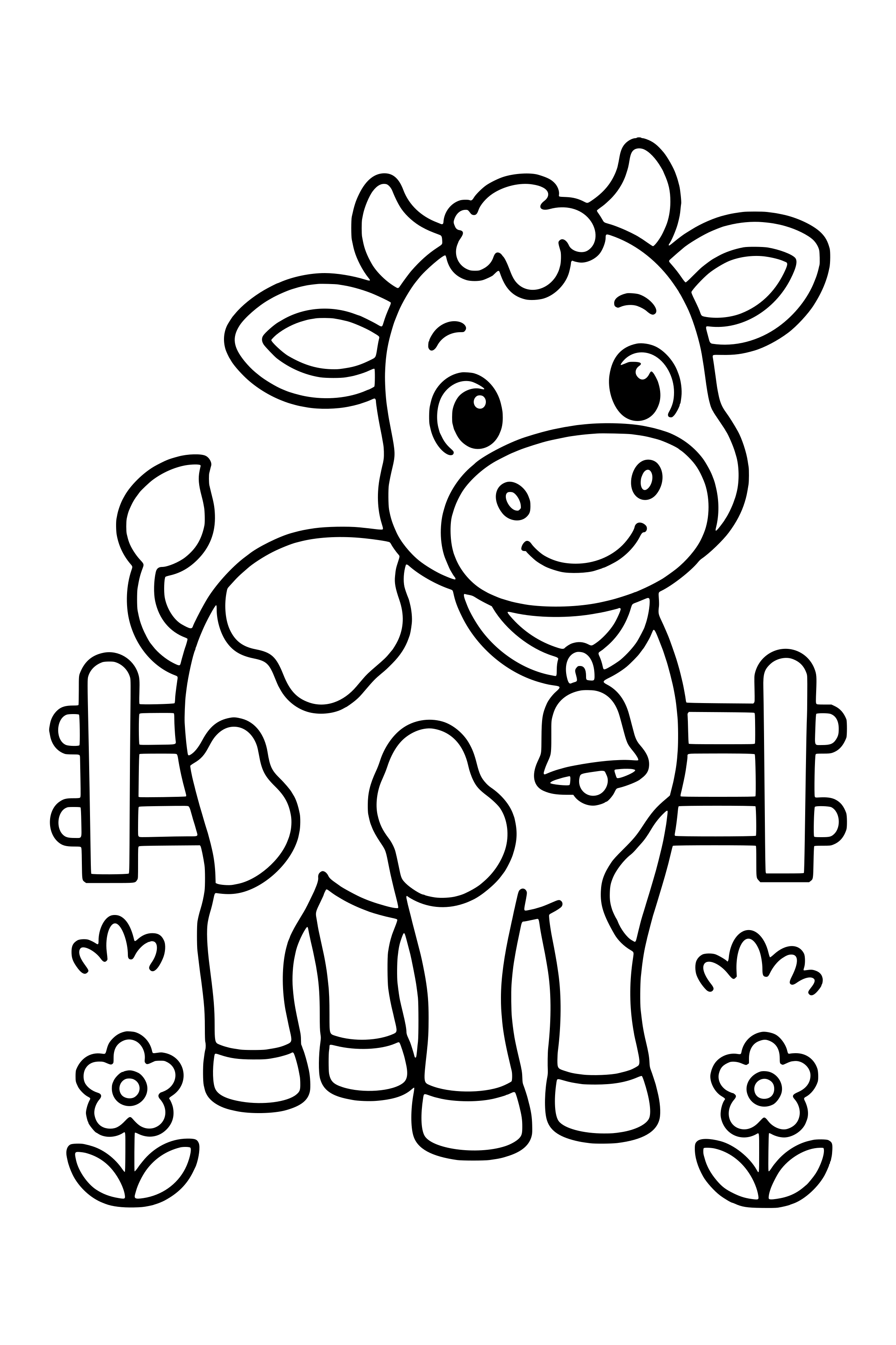 Coloring page of a friendly cow with a bell standing in a meadow