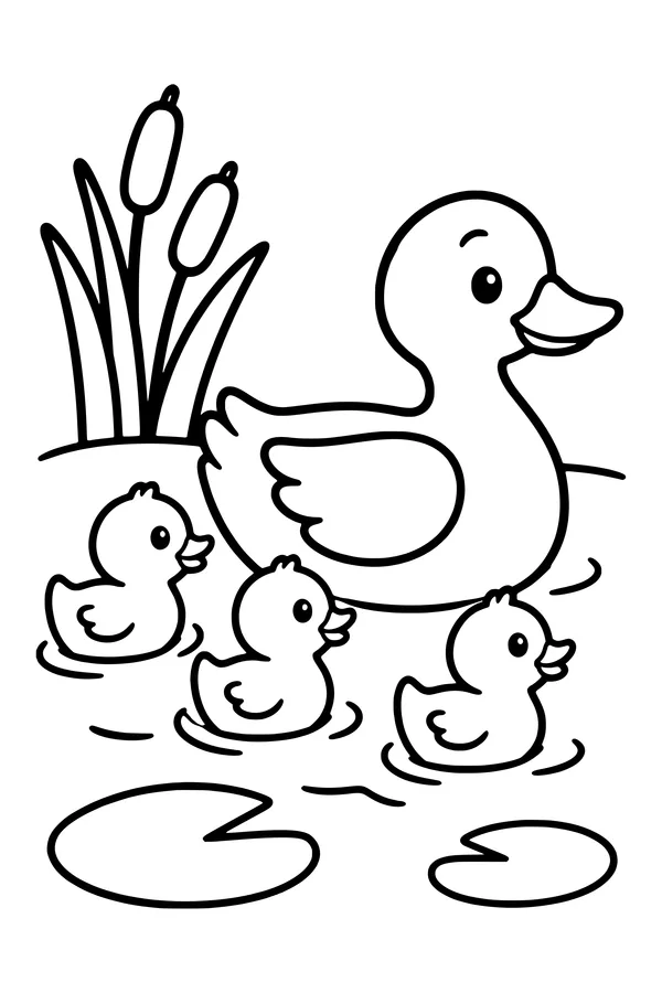 Coloring page of a mother duck and three ducklings swimming on a pond