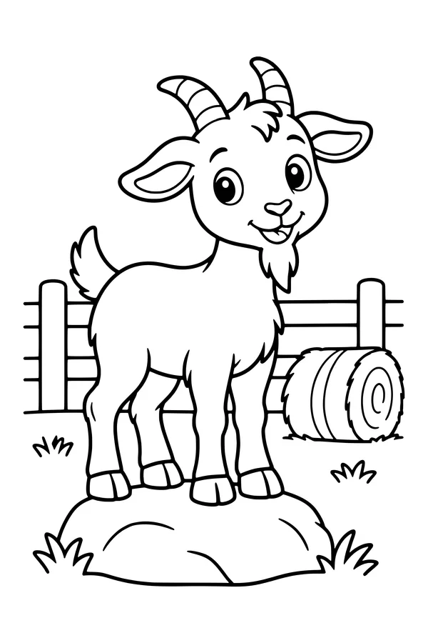 Coloring page of a cute goat with small horns standing on a rock