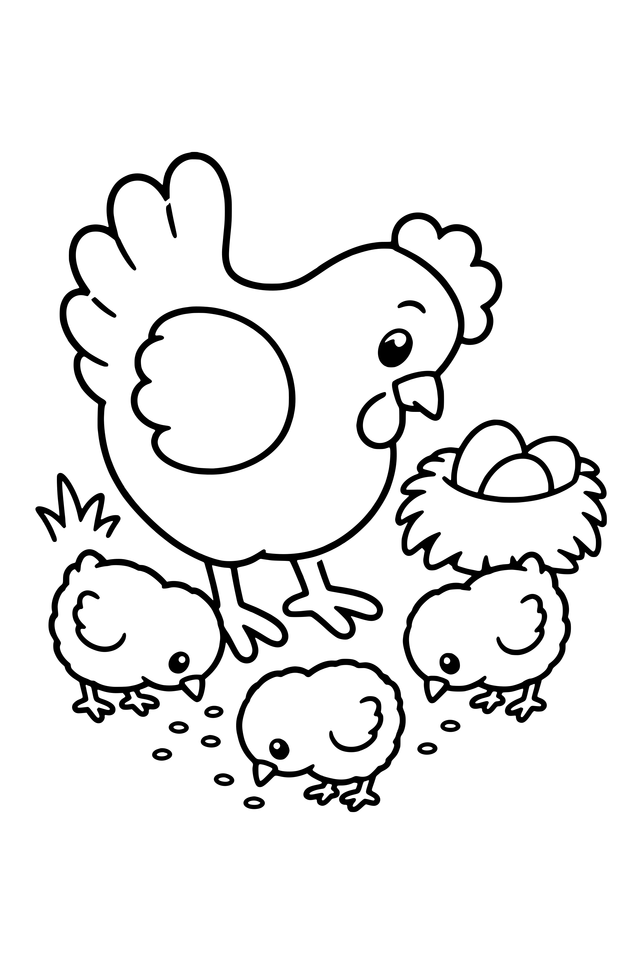 Coloring page of a mother hen with three fluffy chicks next to a nest of eggs