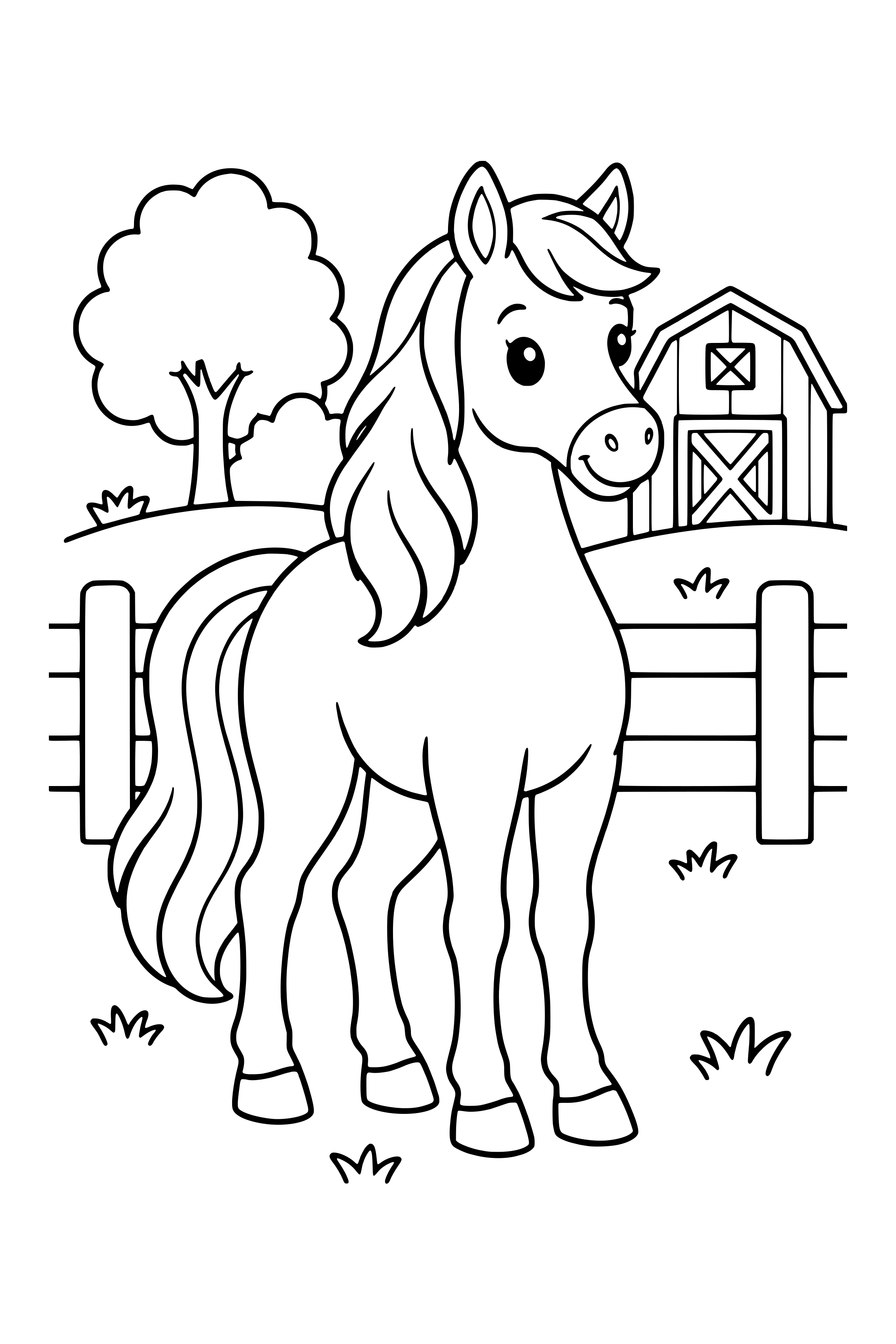 Coloring page of a horse standing by a wooden fence with a barn behind