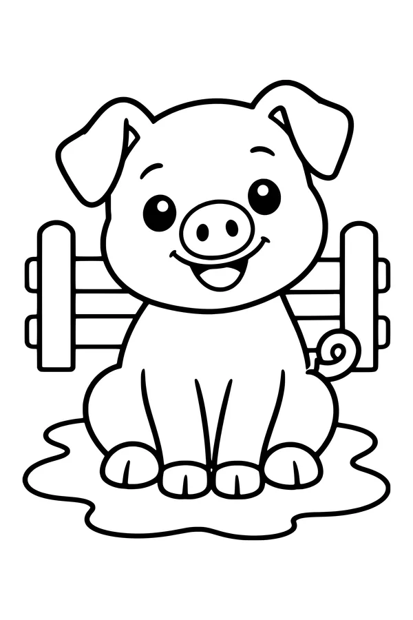 Coloring page of a cute happy pig sitting in a mud puddle
