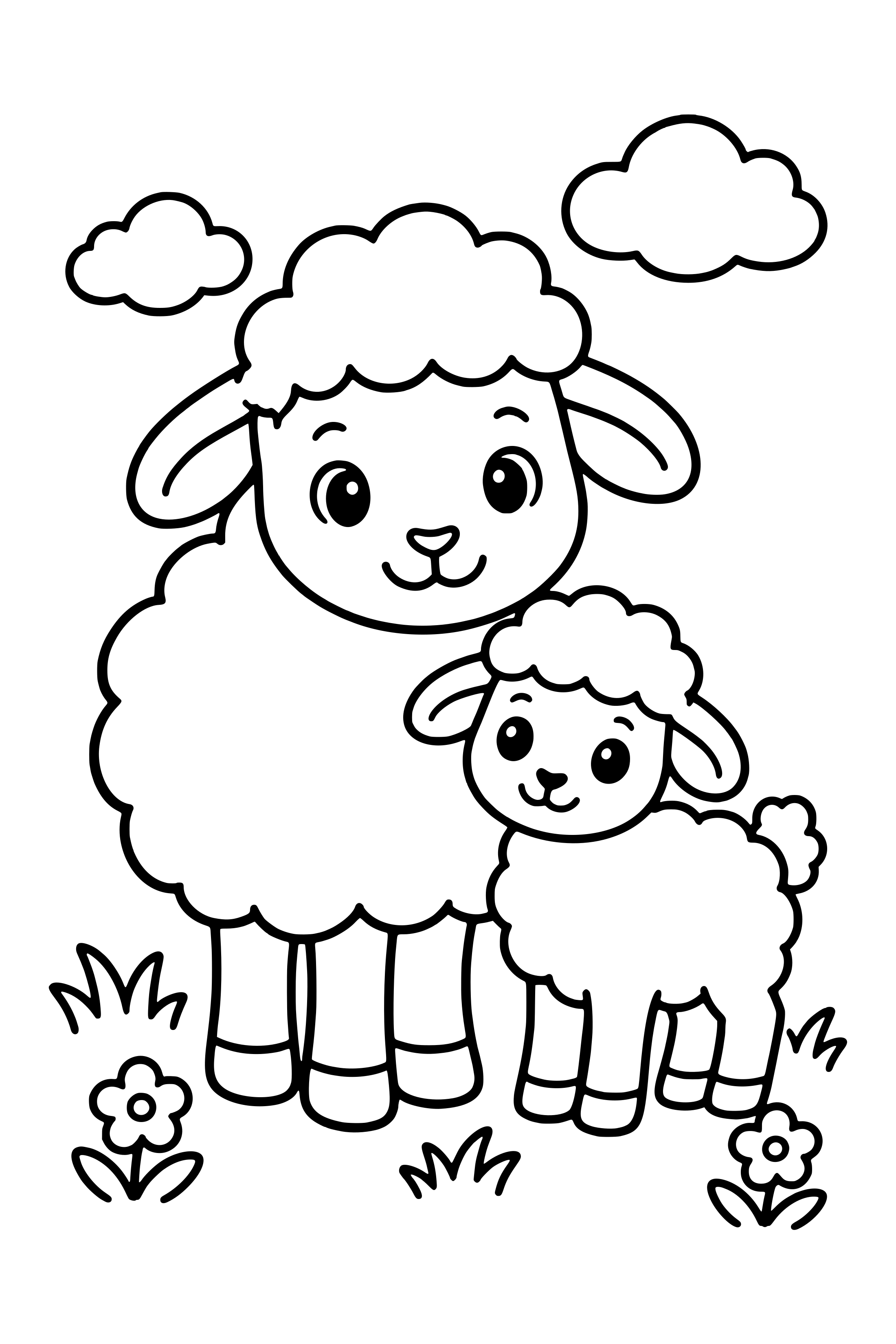 Coloring page of a fluffy sheep and a little lamb standing in the grass