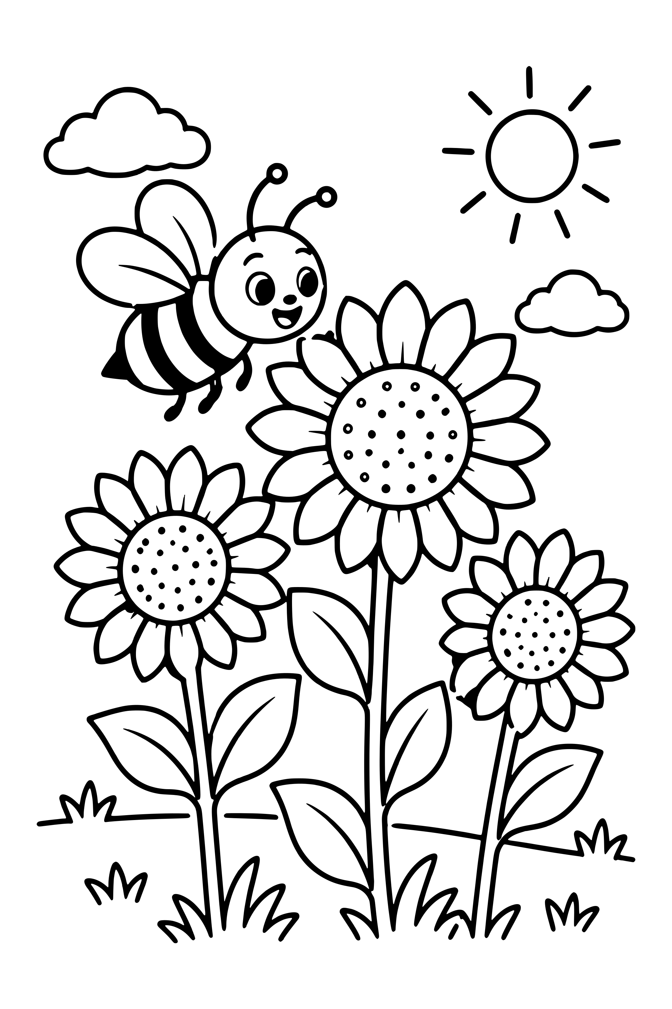 Coloring page of a bee visiting a small group of tall sunflowers