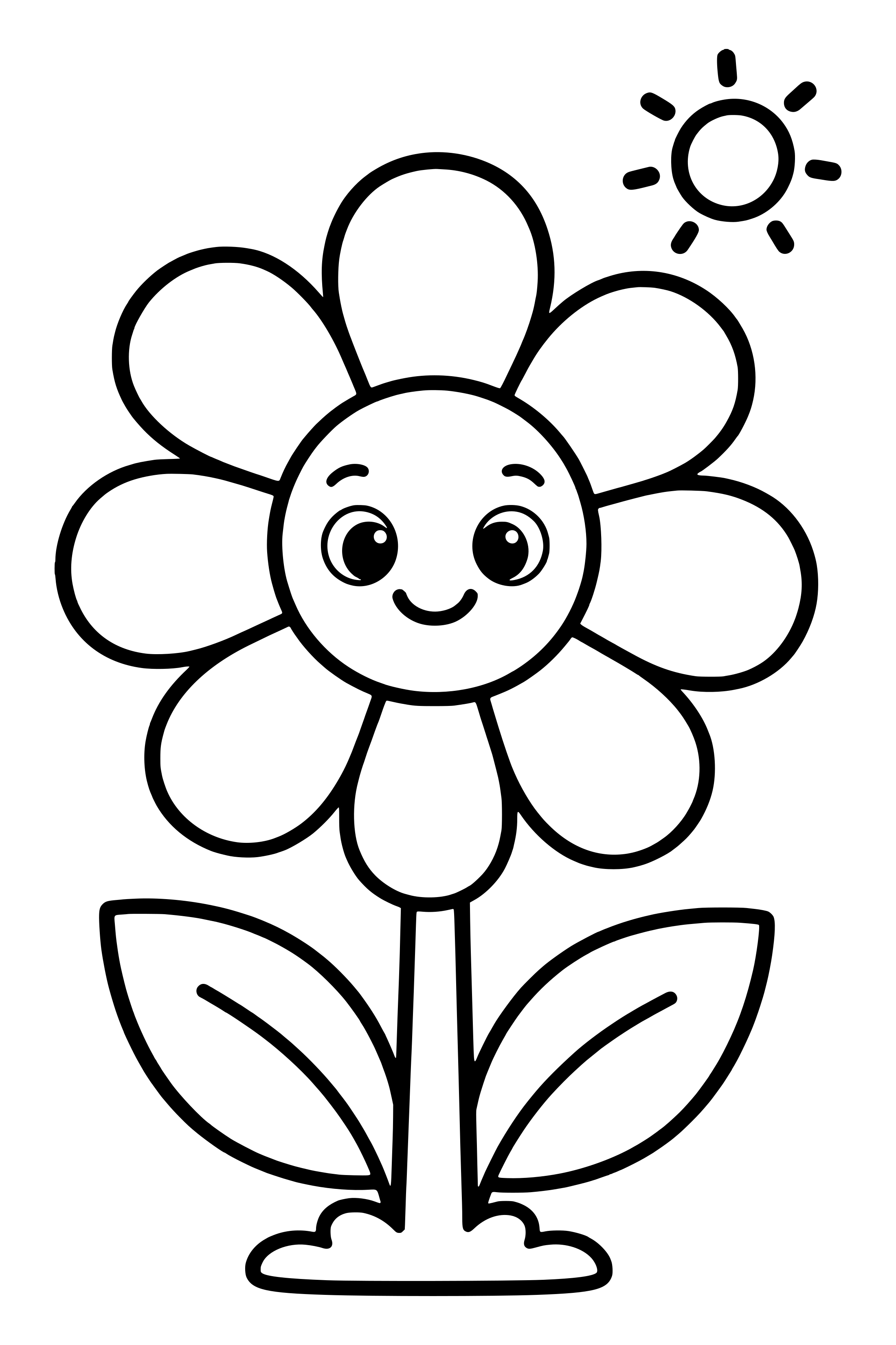 Coloring page of a single large daisy with broad petals and two leaves