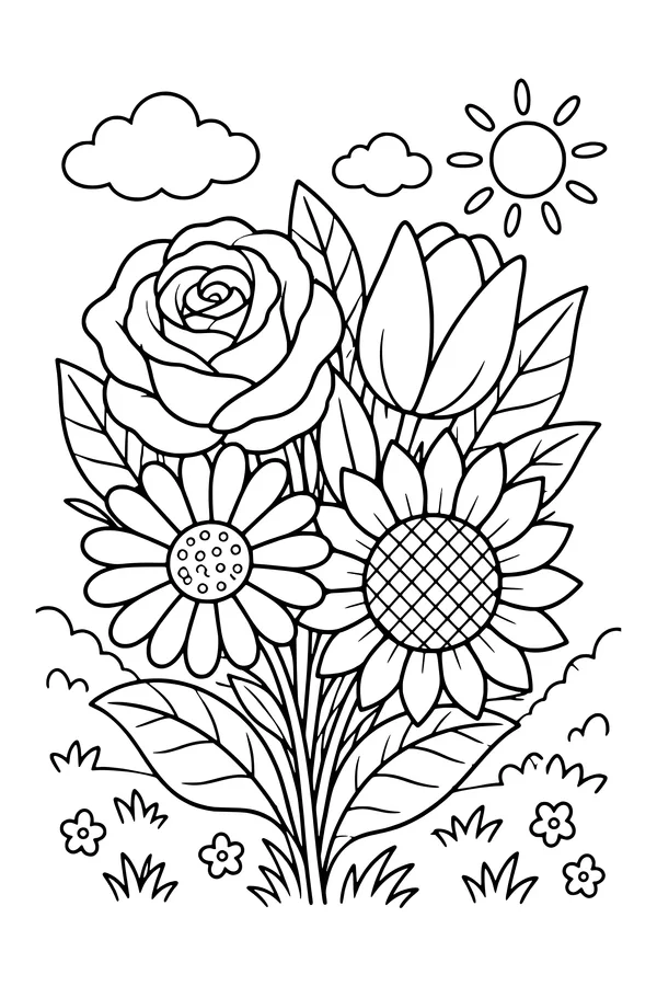 Coloring page of a decorative arrangement of a rose, tulip, daisy and sunflower with their leaves