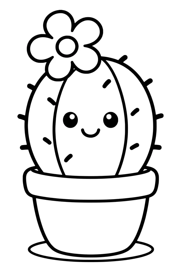 Coloring page of a rounded potted cactus with one large flower and short gentle spines