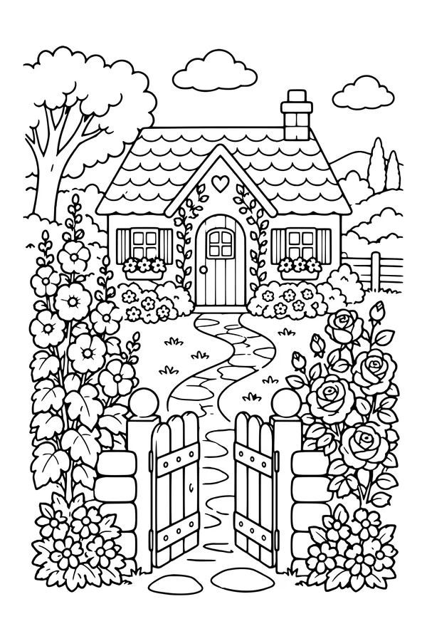 Coloring page of a small cottage garden with a gate, hollyhocks, roses and a winding path