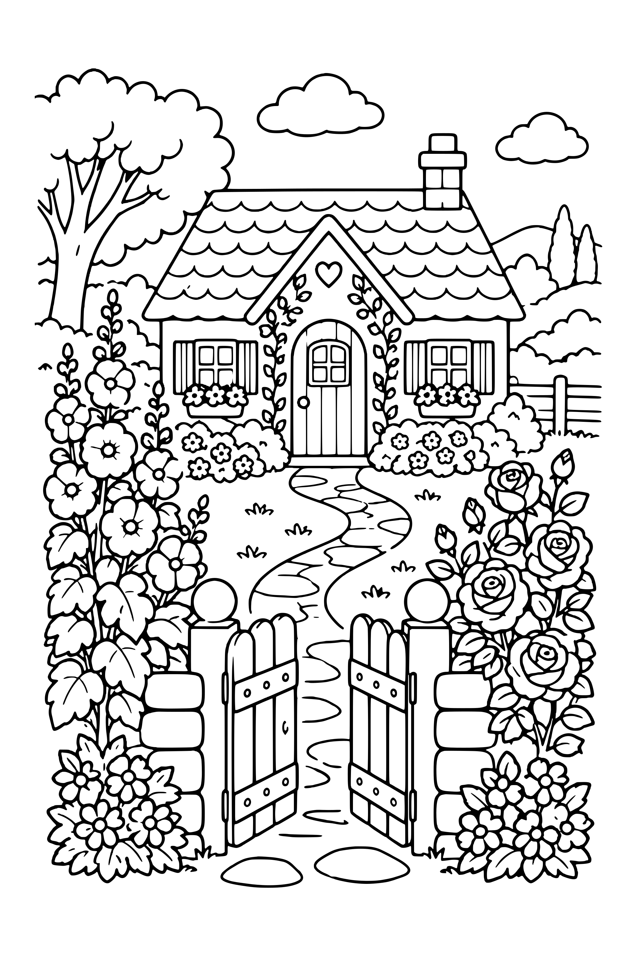 Coloring page of a small cottage garden with a gate, hollyhocks, roses and a winding path