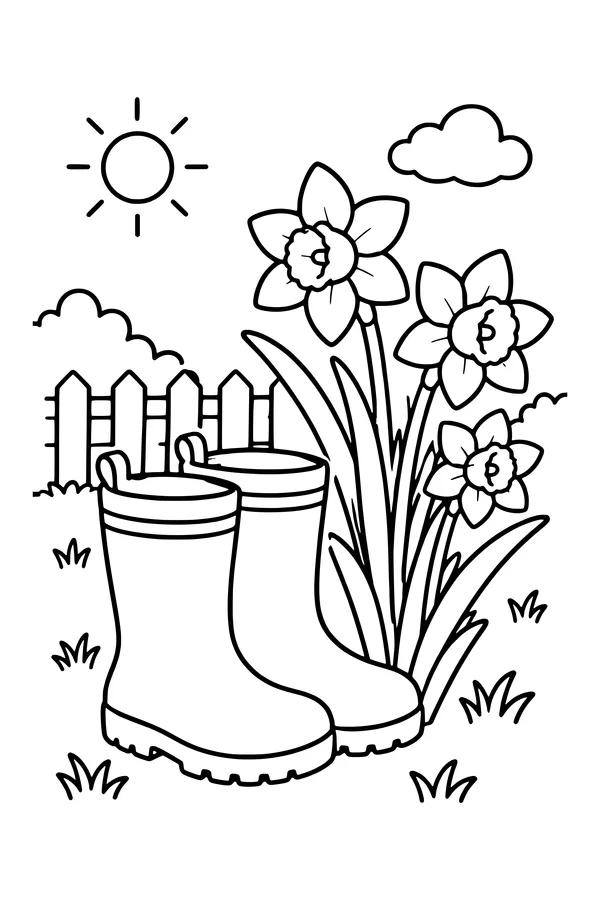 Coloring page of a pair of garden boots beside a clump of daffodils