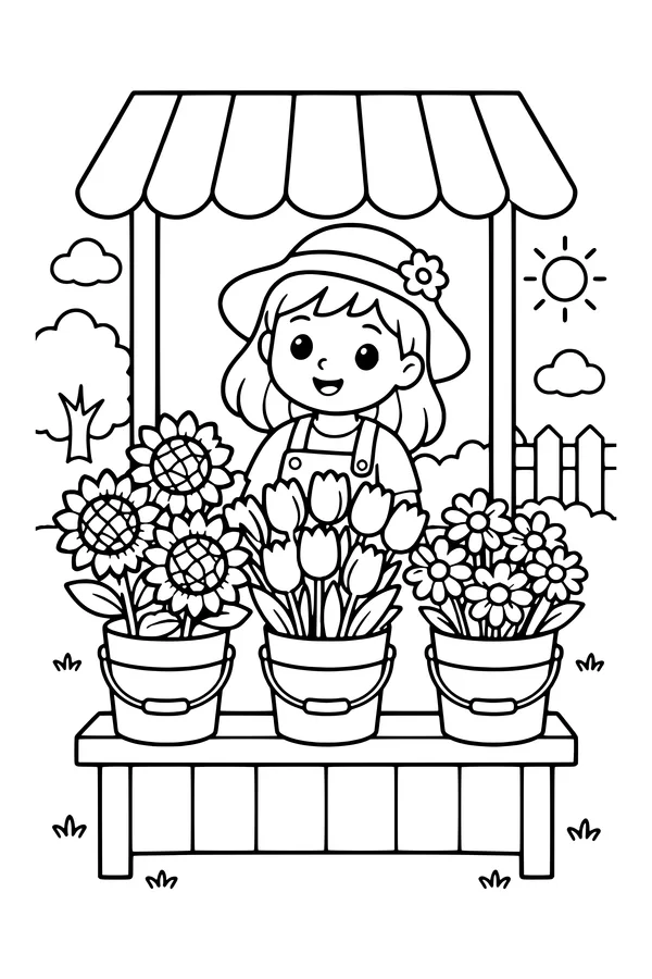 Coloring page of buckets of sunflowers, tulips and daisies at a small flower stall