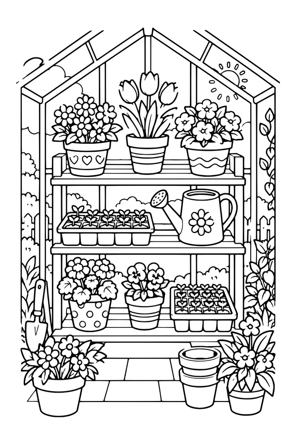 Coloring page of a greenhouse shelf filled with flowering pots, seed trays and a watering can