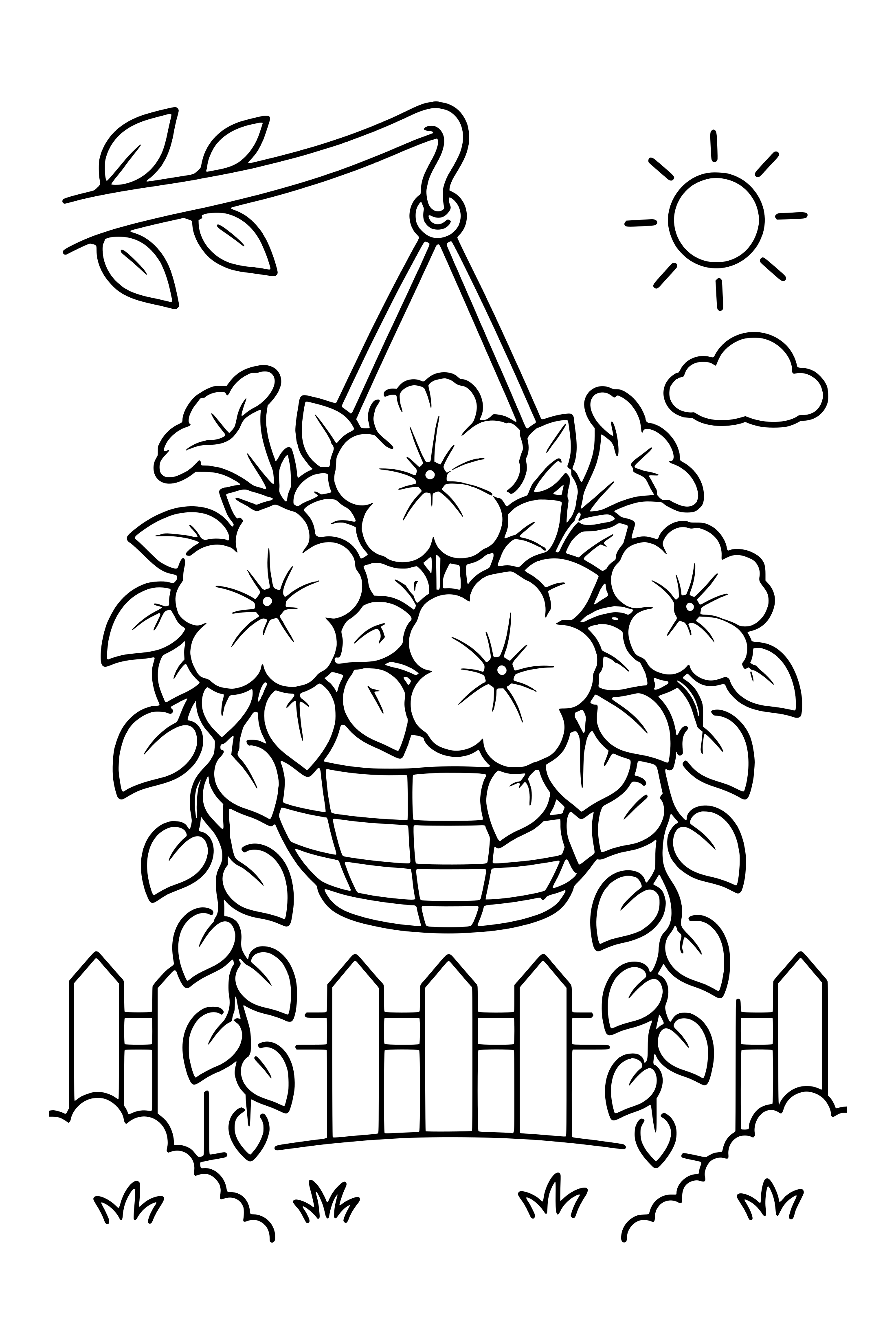 Coloring page of a hanging basket overflowing with broad petunias and trailing leaves