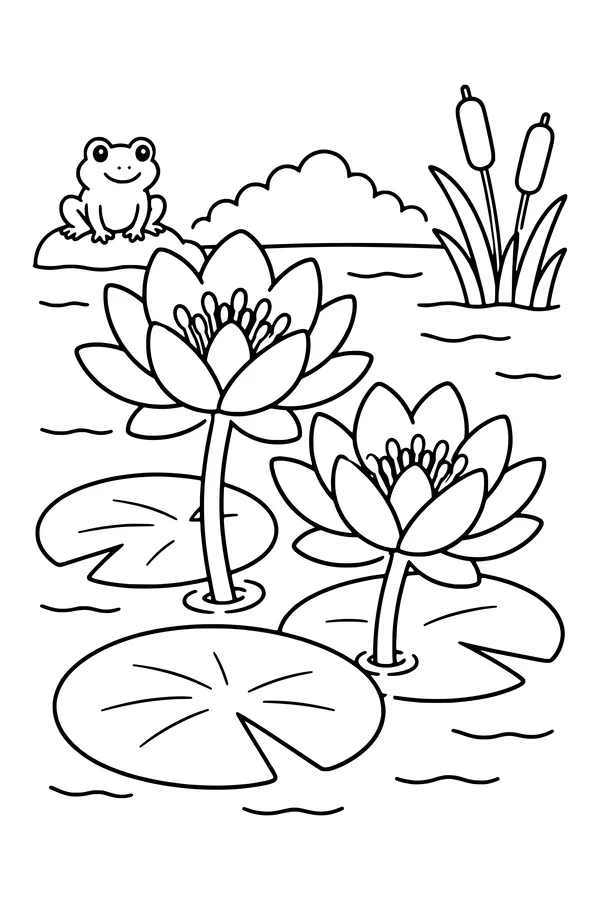 Coloring page of two water lilies above broad round leaves on a quiet pond