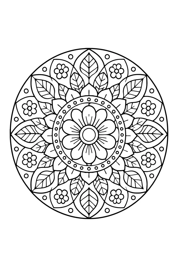 Coloring page of a round symmetrical arrangement of petals, leaves and small blossoms