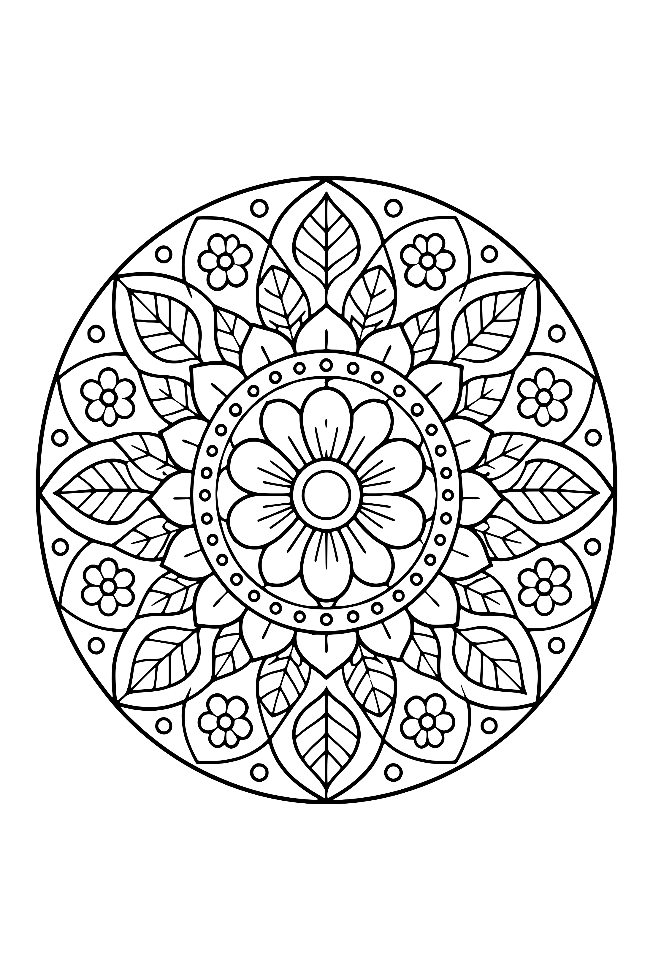 Coloring page of a round symmetrical arrangement of petals, leaves and small blossoms