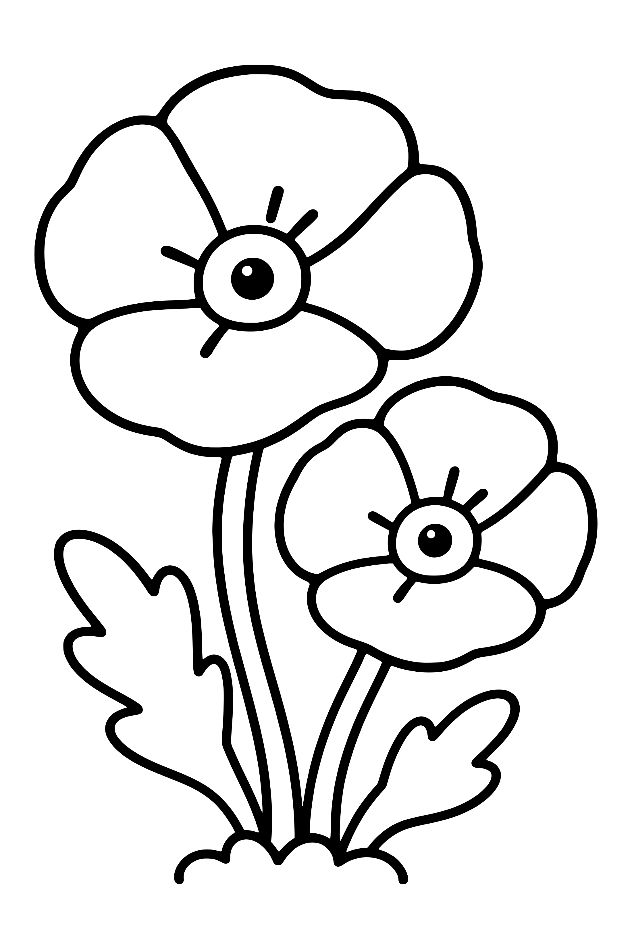 Coloring page of two large poppies with wide petals and simple dark centers