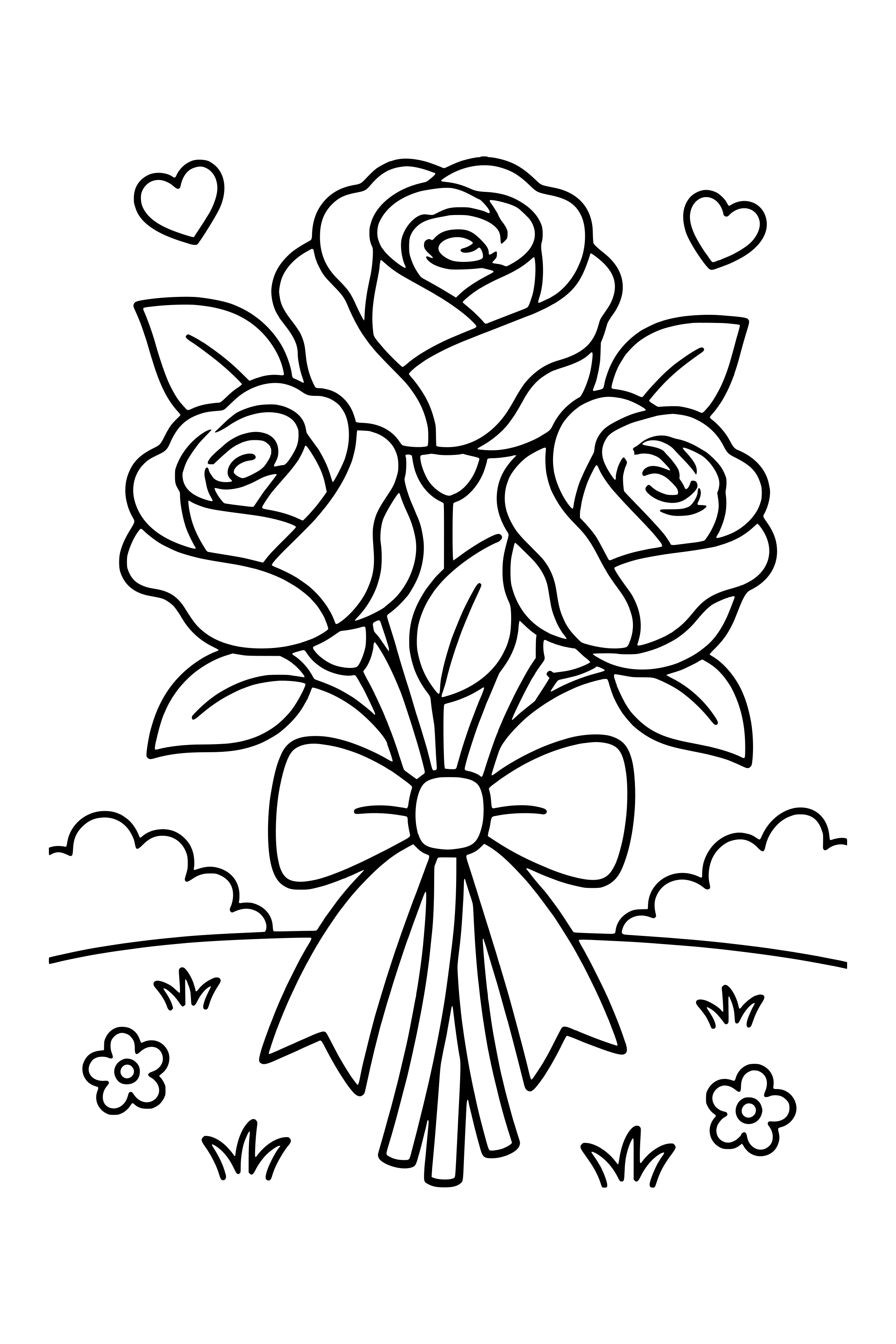 Coloring page of a small bouquet of roses tied with a broad ribbon