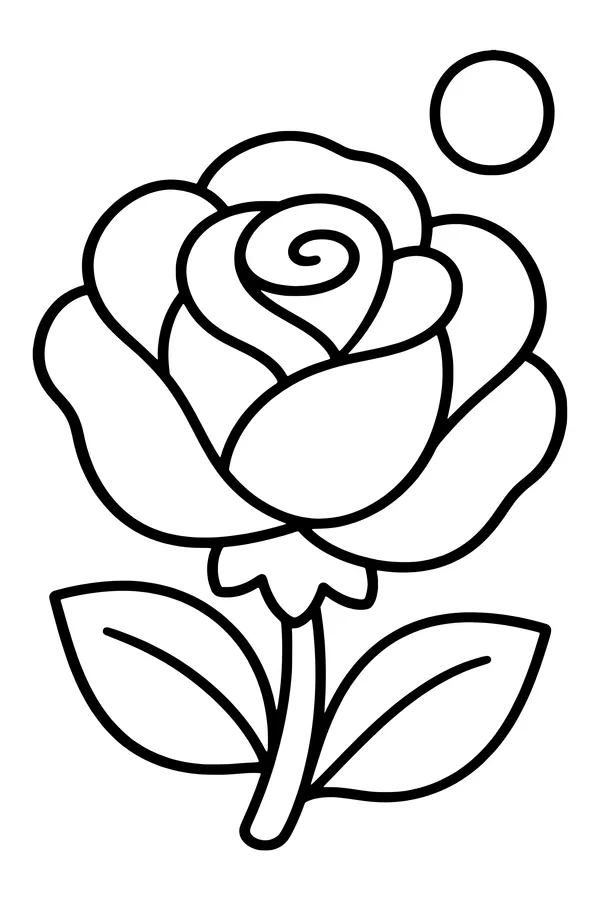 Coloring page of a large open rose with broad curled petals and two leaves
