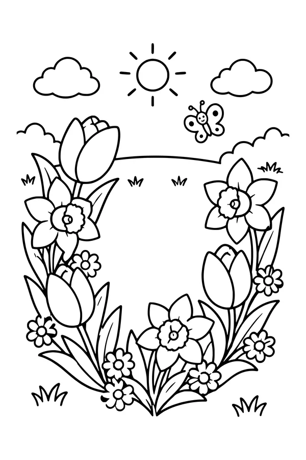 Coloring page of a curved arrangement of tulips, daffodils and small daisies around an open center