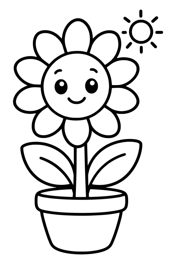 Coloring page of a large sunflower growing in a simple round flowerpot