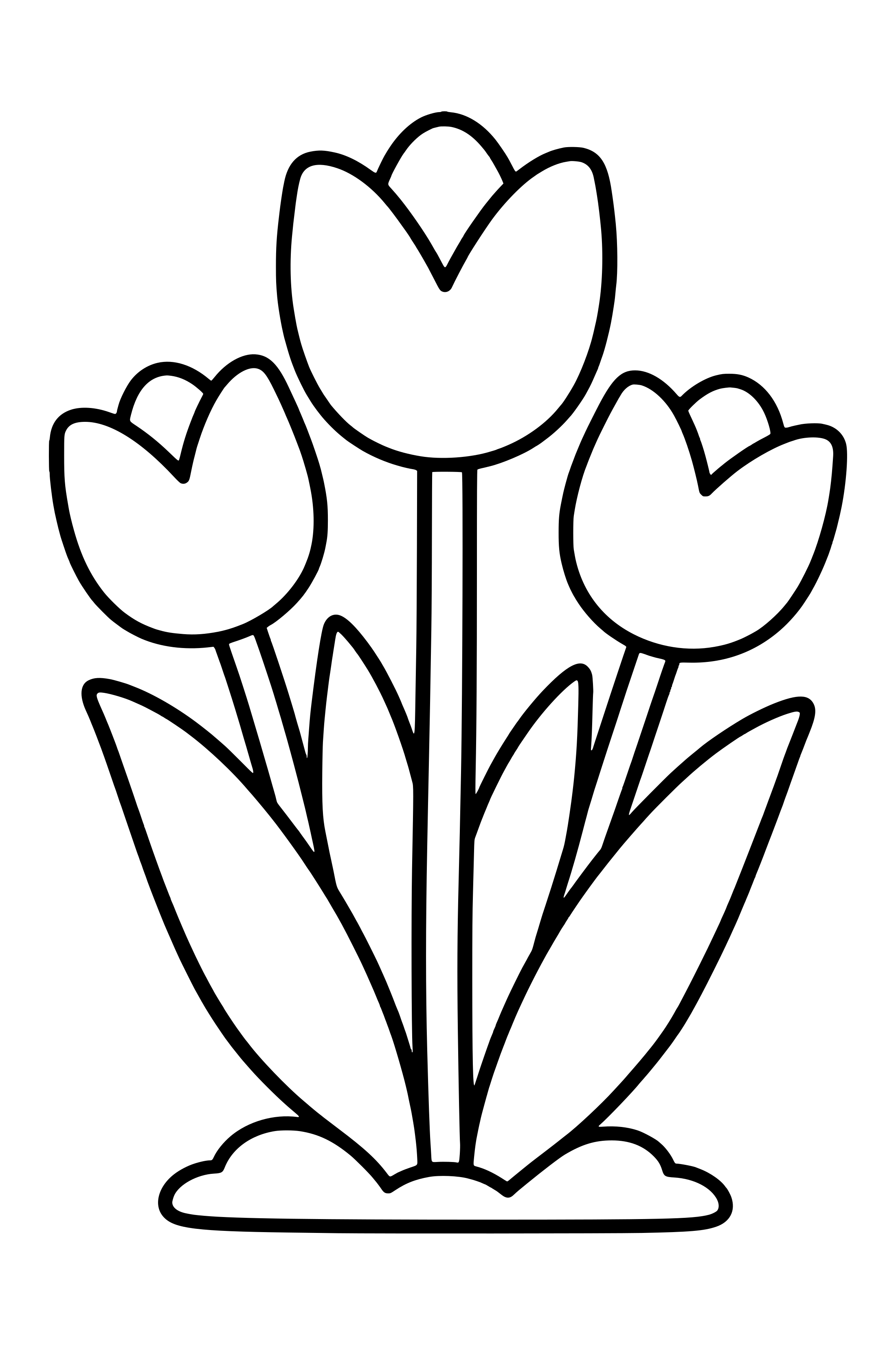 Coloring page of three broad tulips with long leaves growing together